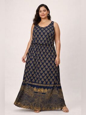 Magic Navy Gold Print Maxi Dress Sleeveless Boho Size 2X‎